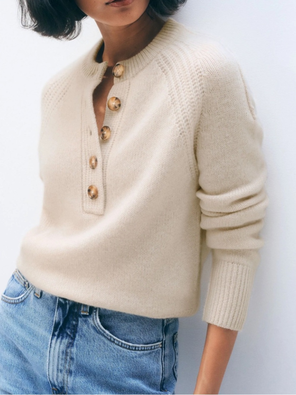 White + Warren Cream Button-Placket Crewneck Sweater